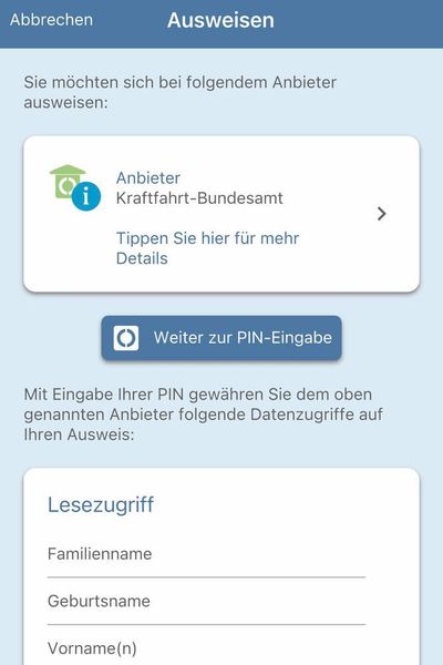 Dann erklären Sie sich mit der Weitergabe Ihrer Daten ans KBA einverstanden. (Screenshot der KBA-Anwendung: ADAC)