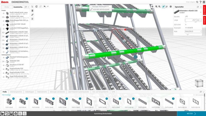 Im Online-Konfigurator lassen sich Artikel per Drag an Drop platzieren. Beispielsweise können Rollenbahnen ganz einfach im gewünschten Winkel eingefügt werden. Die passenden Anschläge fügt die Software automatisch ein. (Item)