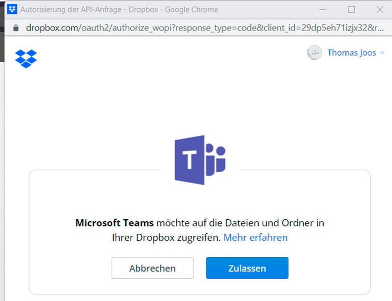 Zugriff von Microsoft Teams auf den Dropbox-Speicher zulassen. (Joos)