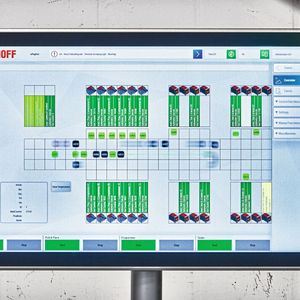 Die Positionen der 33 über insgesamt 100 X-Planar-Kacheln schwebenden Mover werden in Echtzeit in der mit Twincat HMI projektierten Visualisierung angezeigt.(Bild:  Beckhoff)