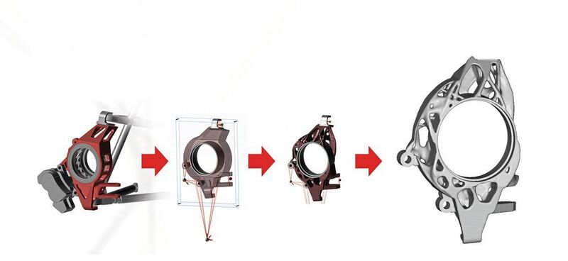 Über eine bionische Bauteiloptimierung konnte im Vergleich zum ursprünglichen Produkt (links) die Steifigkeit erhöht werden bei gleichzeitig geringerem Materialverbrauch. (Altair)