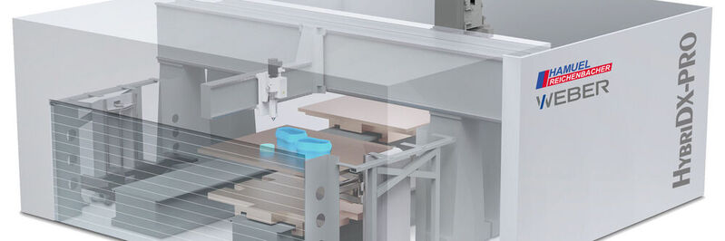 Reichenbacher Hamuel und Hans Weber Maschinenfabrik stellen die Hybridx-Pro vor. Es ist eine flexibel konfigurierbare Hybrid-Bearbeitungsmaschine, mit der sogar Hochleistungs-Kunststoffe zunächst per 3D-Druck in Bauteile verwandelt werden können, um sie dann auf Endkontur zu fräsen.
