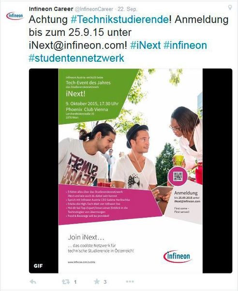 So rekrutieren die Dax-30-Unternehmen mit ihren Karriere-Seiten auf Twitter (in alphabetischer Reihenfolge). (Twitter/http://twitter.com/infineon)