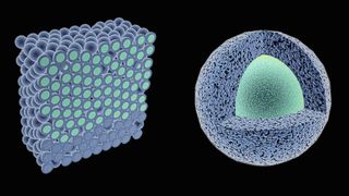 Gefriertrocknung von Maltodextrinpartikeln (dunkelblau = Zuckermatrix; türkis = Eis): Die radiale Trocknungsfront in den Partikeln verläuft von außen nach innen. Die planare Trocknungsfront verläuft von unten nach oben. (Bild: © W. Schürmann / TUM )