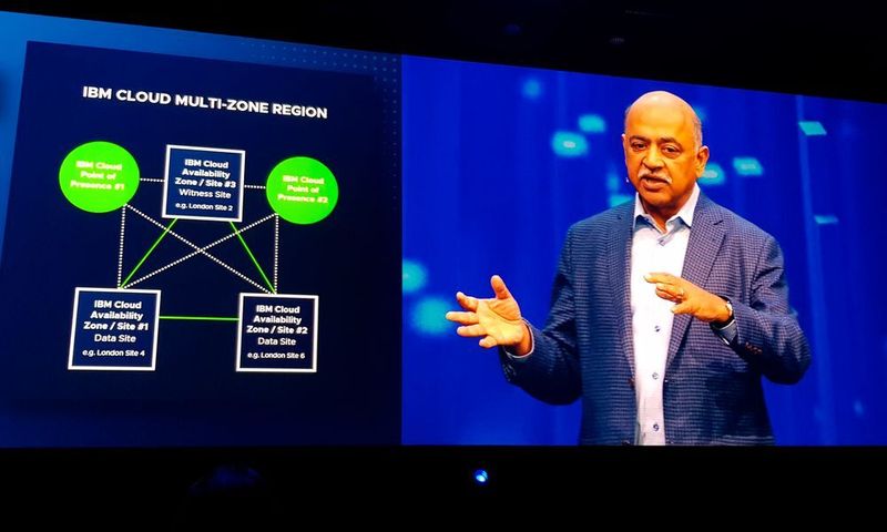 Auf der VMworld Europe 2018 in Barcelona präsentierte Arvind Krishna, SVP Hybrid Cloud bei IBM, neue Services, mit der sich geschäftskritische VMware-Umgebungen in die IBM Cloud migrieren lassen. (Stefan Girschner)