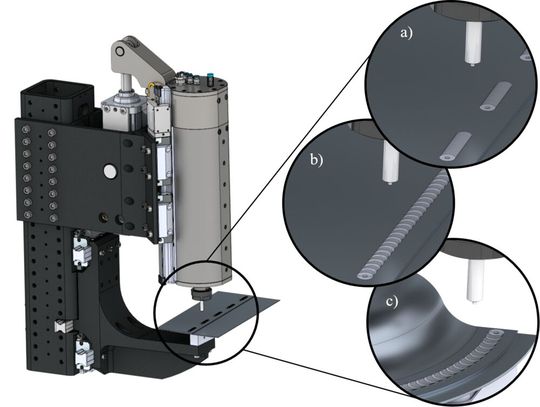 CAD-Entwurf des zweiten Prototyps der Rührreibschweißzange Steppwelder mit verschiedenen Welding-Modes zur Erstellung von Punkt-, Linien- oder 3D-Nähten.(Bild:  MPA der Uni Stuttgart / D. Walz)
