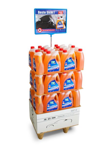 Als Standalone-Stopper im Laufweg der Kunden gibt es Scheibenreiniger auf der Minipalette mit Infoschild. (Bild: Dr.Wack)