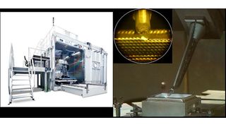 EBOADD Kammermaschine (links). Beispielhafter Versuchsaufbau für die drahtbasierte additive Fertigung (rechts). Dargestellt ist die Drahtzuführung, eine Startplatte sowie das zu bauende Bauteil während des Herstellprozesses. (Bild: Steigerwald Strahltechnik)