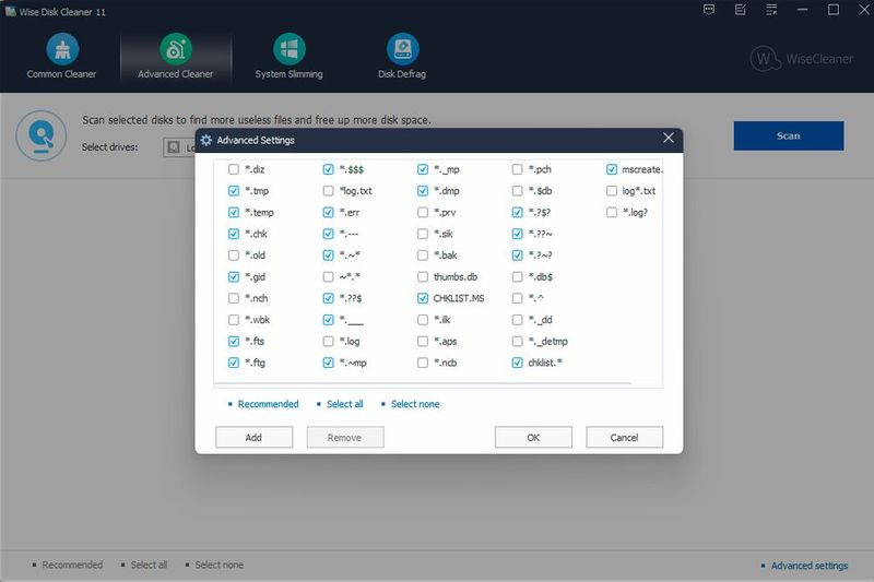 Konfigurieren der Dateiformate, die Wise Disk Cleaner löschen soll. (Bild: Joos – Talent International)