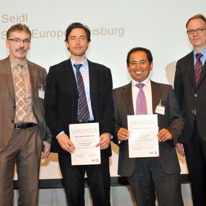 3. Platz: Dr.-Ing. Julio Fuentes-Munoz (GSI – Gesellschaft für Schweißtechnik International mbH, Niederlassung Duisburg) und Dr.-Ing. Ingold Seidl (ThyssenKrupp Steel Europe, Duisburg) mit ihrer Arbeit „Prozesssicheres MAG-Schweißen bei vorhandenen externen Magnetfeldern“