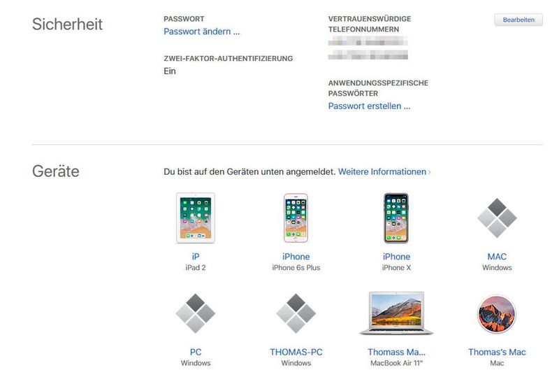 In den Sicherheitseinstellungen der Apple-ID kann die Zwei-Faktor-Authentifizierung aktiviert werden. (iCloud.com)