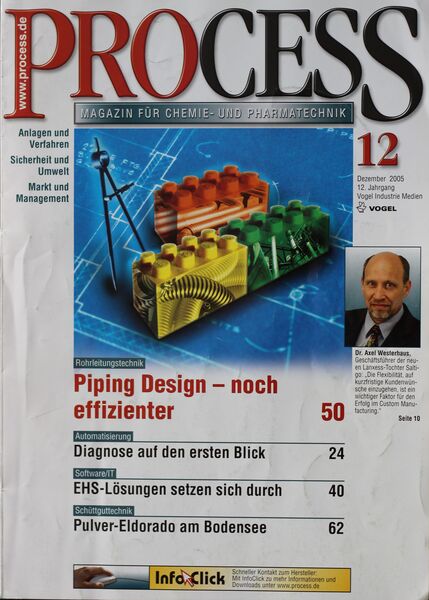 Dezember 2005   Top Themen:  - Piping Design - noch effizienter - Diagnose auf den ersten Blick - EHS-Lösungen setzen sich durch - Pulver-Eldorado am Bodensee (Bild: PROCESS)