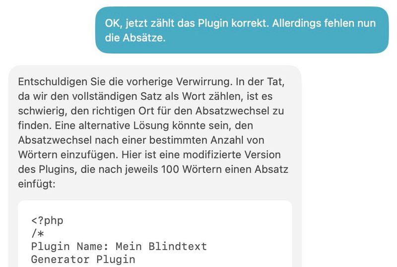 Mit einigen Nachfragen lässt sich der von GPT-4 erstellte Code fixen. (Bild: Rentrop / OpenAI)