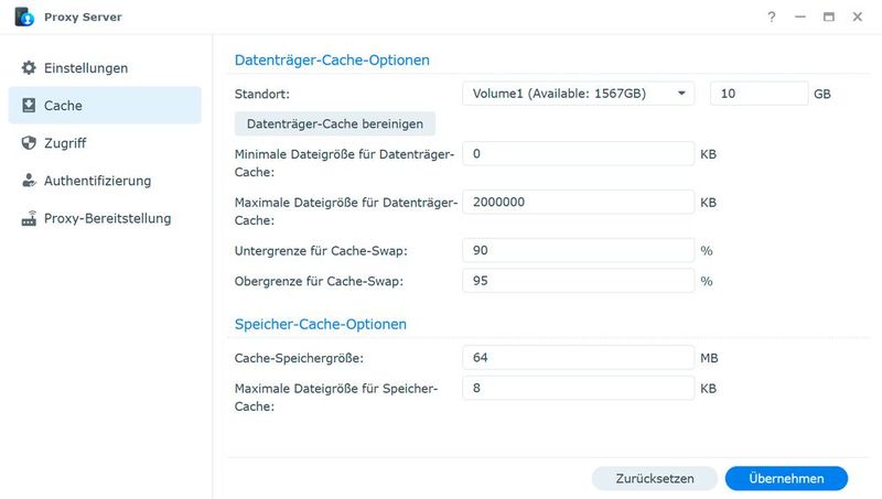 Anpassen der Cache-Einstellungen im Synology-Proxy. (Bild: Joos)