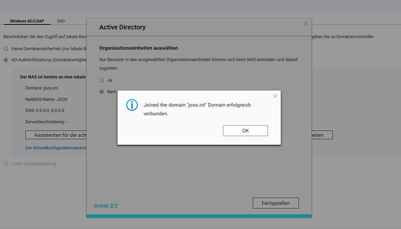 Erfolgreicher Beitritt eines QNAP-NAS in eine AD-Umgebung. (Bild: Joos | QNAP)