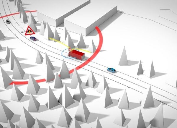 Bremswarnung durch Car-to-X-Kommunikation: Das Elektronische Bremslicht warnt den Fahrer frühzeitig bei einer Gefahrenbremsung eines vorausfahrenden Fahrzeugs. Damit kann sich der Fahrer auf Situationen einstellen, die er ohne Car-to-X-Kommunikation nicht so schnell erfassen könnte. (Bild: Bosch)