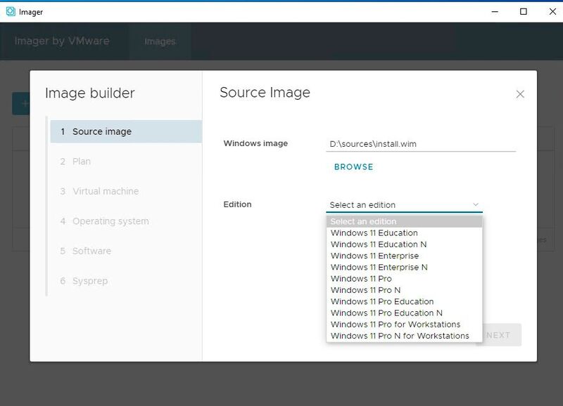 Die Erstellung eines neuen Images erfolgt in VMware Imager mit einem Assistenten. Zunächst erfolgt die Auswahl des WIM-Images und der Edition, für die ein Image erstellt werden soll. (Bild: Joos / VMware)