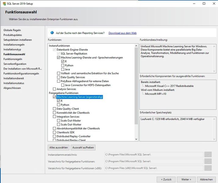 Installieren der Unterstützung von R und von Machine Learning 2016/2019. (Bild: Joos / Microsoft)