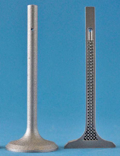 Bild 1: Oberfläche und Querschnitt des im SLM-Verfahren gefertigten Versuchsventils. Die Gitterstruktur im Inneren ermöglicht eine hohe Gewichtseinsparung. (Bild: Fraunhofer-IPK)