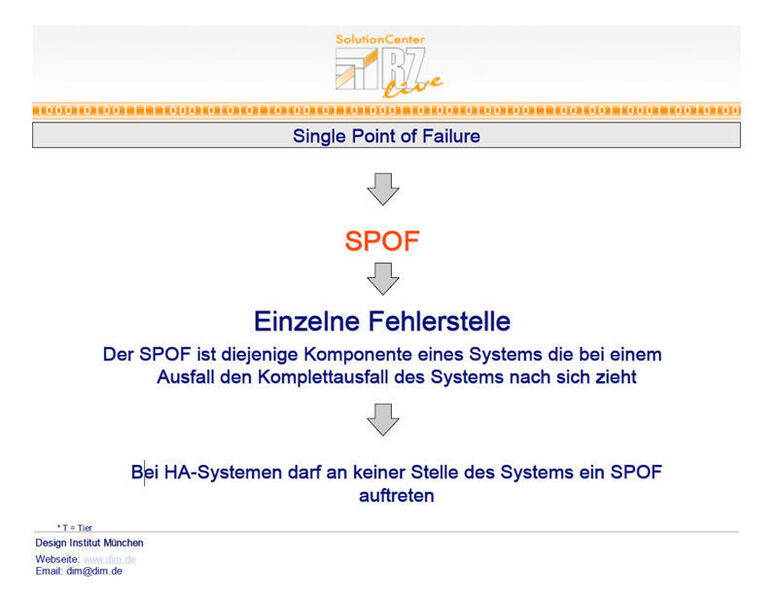 Definition eines Single Point of Failure (SPOF) (//www.rz-live.com/Historie/2007/Forumsvortraege/Tier-Klassifikation.pdf))