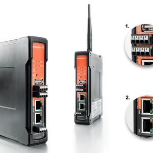 Weidmüller Gigabit Security Router: Sichere Kommunikation zwischen Ethernet-Netzwerken mit integrierten VPN-Fernwartungsfunktionen in industriellen Netzwerken. Detail 1: Über einen digitalen Eingang am Router bzw. softwaregesteuert über den integrierten Modbus-TCP Server lässt sich eine vorkonfigurierte VPN-Verbindung aktivieren und deaktivieren sowie die Verbindung am WAN-Port trennen. Detail 2: Die Gigabit-Technologie auf beiden Ethernet-Ports ermöglicht höchsten Datendurchsatz auch bei verschlüsselten VPN-Übertragungen.
