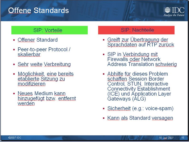 Abbildung 7: Übersicht über die Vor- und Nachteile des Standars Session Initiation Protocol (SIP). Quelle IDC (Archiv: Vogel Business Media)