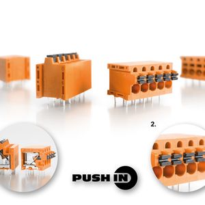Leiterplattenklemme mit innovativer PUSH IN-Anschlusstechnik. Detail 1: Leiterabgangsrichtung 90° und 180°. Detail 2: „Pusher“: Durch Betätigen des „Pushers“ lässt sich die Klemmstelle leicht öffnen.