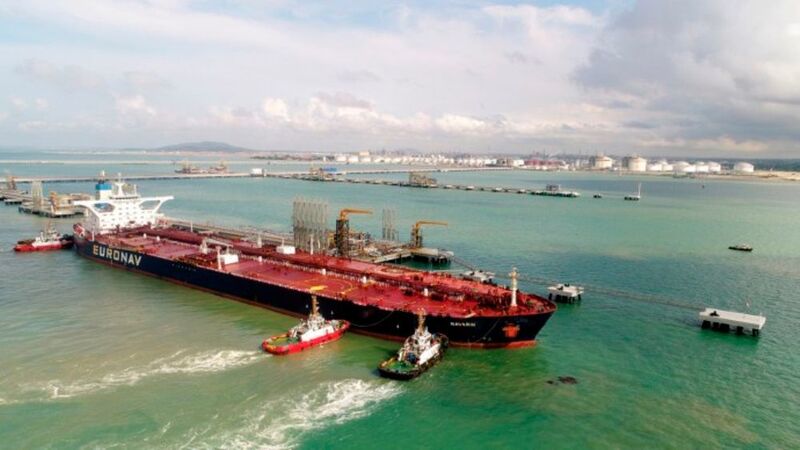 The first delivery of crude oil cargo arrives at Pengerang Deepwater Terminal 2 in Malaysia, marking the transition into the commissioning phase for startup at the mega-refinery project. (Saudi Arabian Oil Co.)
