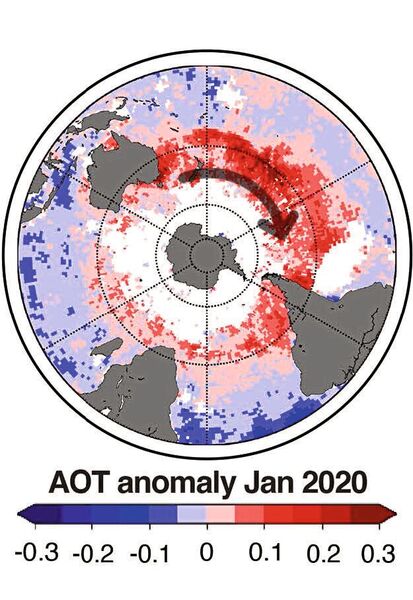 Die Waldbrände 2019/20 in Australien transportierten Rauchpartikel mit einer Gesamtmasse von rund einer Million Tonnen in die Atmosphäre und verbreiteten sich über die südliche Hemisphäre. Die Klimawirkung des Rauchs wird unter anderem mit der Atmosphärischen Trübung (Aerosol Optische Dicke, AOT) beschrieben. Dieser Parameter gibt an, wie stark die Sonnenstrahlung durch Aerosolpartikel in der Atmosphäre abgeschwächt wird. Im Januar 2020 war die AOT um die Antarktis deutlich erhöht (rote Bereiche in der Grafik). (Bild: Heinold et al. (2022), ACP, https://doi.org/10.5194/acp-22-9969-2022)