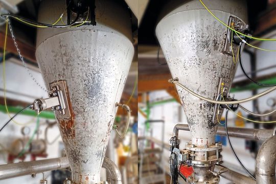 Unter veränderten Prozessbedingungen entstehen Brücken oder Anhaftungen, es wird weitere Technik neben vorhandenen Vibratoren installiert.(Bild:  Netter Vibration)