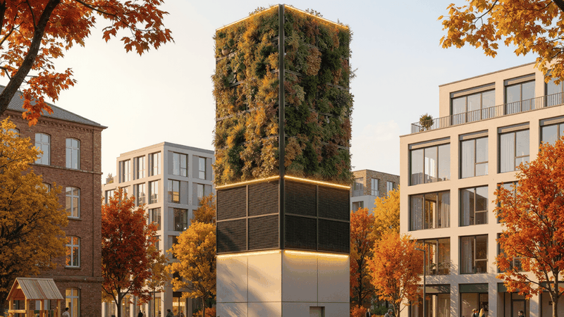 Klimaturm: Luft-Wasser-Großwärmepumpe für dicht bebaute Quartiere und Wohnsiedlungen. Seine zum Patent angemeldete, vertikale Bauform mit integrierter Heiztechnik spart wertvolle Fläche und ermöglicht eine optimale Schalldämpfung. (Bild:  Towergy GmbH)