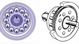 Exzentergetriebe mit Evolventenverzahnung: links im Radialschnitt mit  i=-17 Zähnezahldifferenz 5.  (Bild: Maul Konstruktionen)