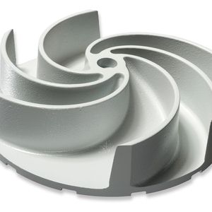 Das von KSB neu entwickelte Freistromrad hat unterschiedliche Schaufelabstände. Sechs Schaufeln sind in zwei Gruppen mit je zwei kleinen und einem großen Abstand angeordnet. Dank dieser asymmetrischen Schaufelanordnung entsteht ein geräumiger freier Durchgang, um selbst größere, rigide Feststoffe unproblematisch zu fördern.(Bild:  KSB)