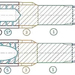 Der Aufbau eines Sonnenrads, oben für die konventionelle, unten für die additive Fertigung.  (1) Wellenschaft   (2) Steckverbindung   (3) Spline   (4) Laufverzahnung   (5) Innenkontur(Bild:  John Deere)