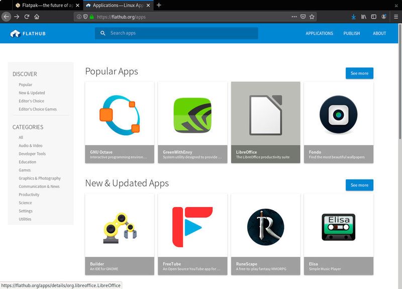 Flatpak-basierte Apps lassen sich anschließend über die Webseite Flathub.org installieren. Mit Klick auf einen Eintrag ... (Augsten / Fedora Silverblue)