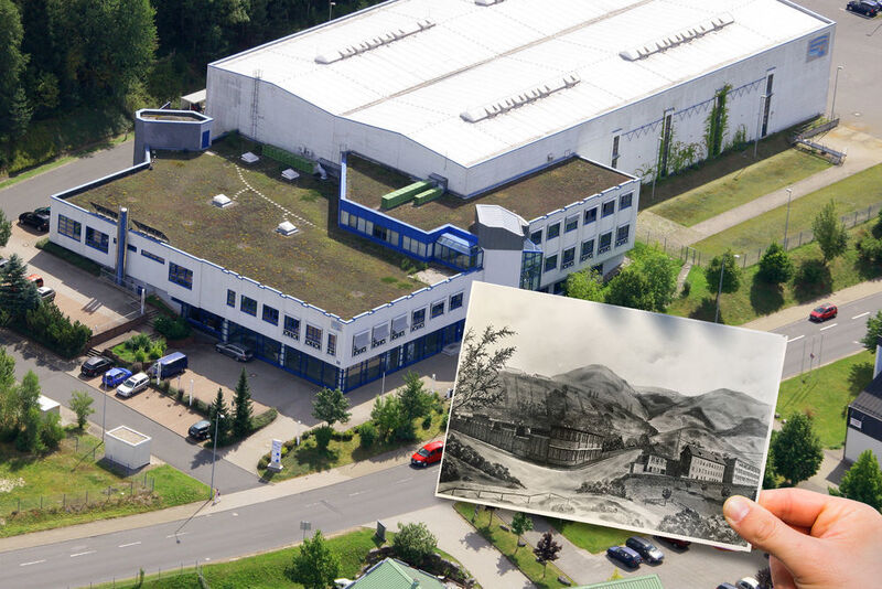Heute sachlich, damals Postkartenmotiv – das FMS-Firmengebäude in den 1940er Jahren und heute. (Feinmess Suhl)