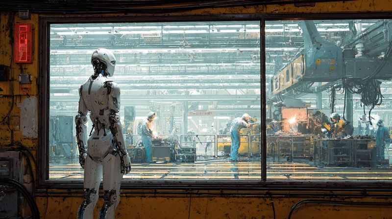 Ein KI-Agent vor der Werkshalle: Der Sprung vom Prototyp zur produktiven KI scheitert oft an realen Betriebsanforderungen – von Integration über Robustheit bis Wartbarkeit.(Bild:  Midjourney / KI-generiert)