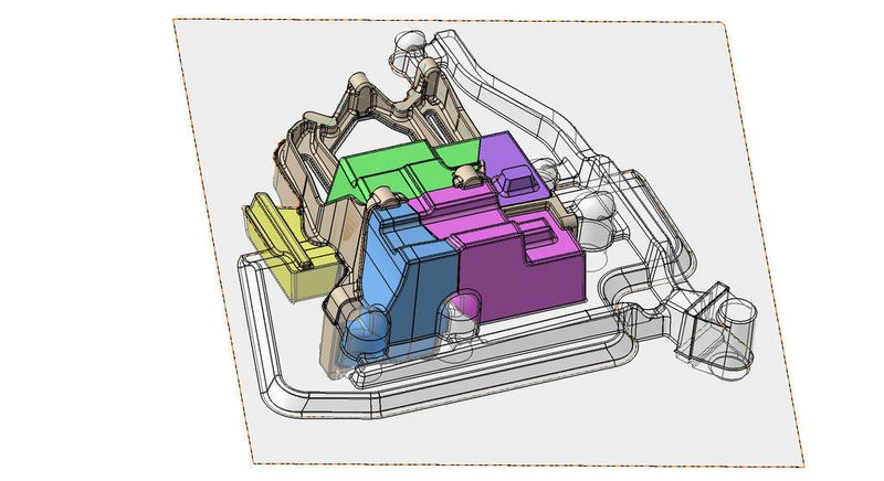 Baugruppe mit Rohgussteil (braun), eingelegten Kernen (farbig) und der Modellkontur (grau). Die gesamte Aussengeometrie dieser Datei ergibt die zu fräsende Modellgeometrie. (Archiv: Vogel Business Media)