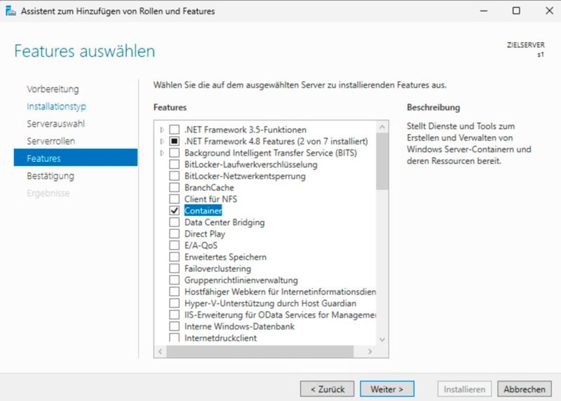 Der Server-Manager aktiviert das Container-Feature für Windows Server 2025 als Grundlage für den Betrieb von Windows- und Linux-Containern. (Bild: Joos - Microsoft)