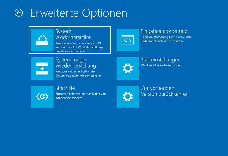 In den erweiterten Optionen der Problembehandlung stehen verschiedene Optionen zur Verfügung, um Windows 10 zu reparieren. Hier kann ebenfalls zur vorherigen Windows 10-Version gewechselt werden, wenn die Installation des Creators Update nicht funktioniert hat. (Th. Joos)