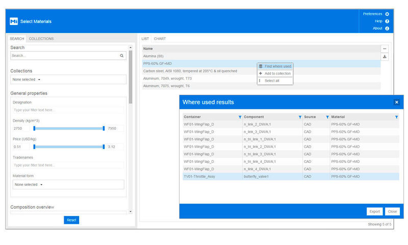 Mit einer neuen App kann der Anwender abfragen, wo ein Material verwendet wurde. Dazu wird das PLM-System des Unternehmens zu Rate gezogen. (Bild: Granta)
