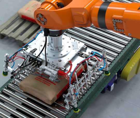 Hier sieht man den neuen Leichtbau-Sackgreifer LBG-50 von Piab Vakuum bei der Arbeit. Er packt Säcke und Beutel bis zu einem Gesamtgewicht von 50 Kilogramm sanft aber kräftig.(Bild:  Piab Vakuum)