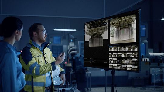 (Ingenieure bei der digitalen Inspektion von Bauwerkeen mit Twinspect. Bild: Twinsity GmbH.)