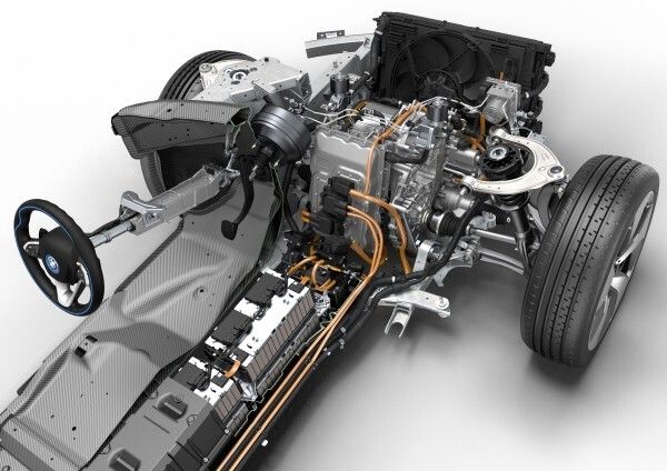 Der Hybrid-Synchron-Elektromotor des BMW i8 liefert eine Höchstleistung von 96 kW sowie ein maximales Drehmoment von rund 250 Nm an die Vorderräder (Bild: BMW)