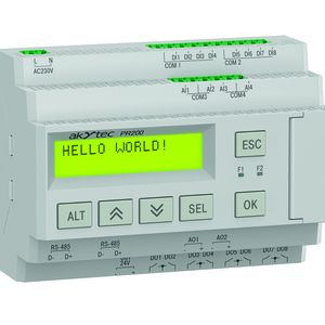 Das PR200 entspricht in der I/O-Ausstattung weitgehend dem PR100, ergänzt es jedoch um zwei Analogausgänge und bis zu zwei RS-485-Schnittstellen, außerdem verfügt es über ein zweizeiliges LCD mit sechs Bedientasten. (Bild: Akytec GmbH)