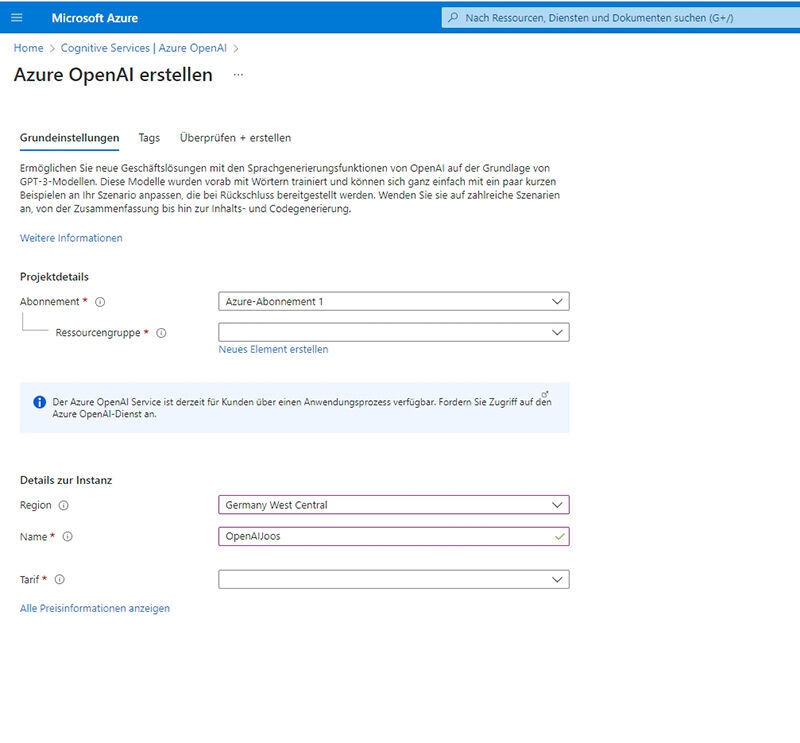 Erstellen eines neuen OpenAI-Dienstes in Microsoft Azure.