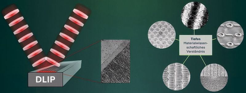 Laserstrukturierung:  Schematische Darstellung des DLIP-Wirkprinzip und Beispiel funktionaler Mikrostrukturen. (Bild:  Surfunction)