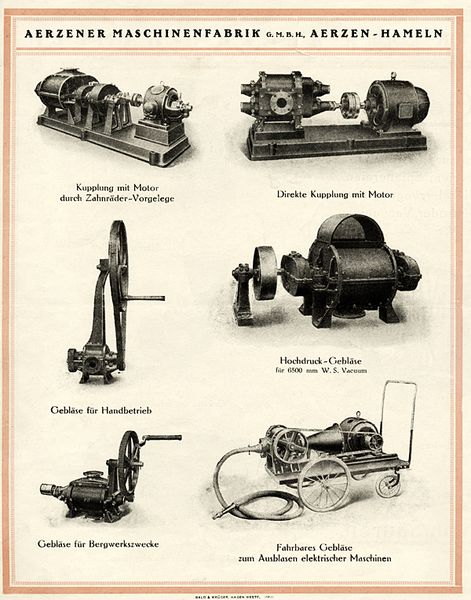 Die Fertigung von landwirtschaftlichen Geräten wird 1894 eingestellt, der Gebläsebau nimmt zu. Das Werk liefert Kupolöfen, Gießereimaschinen, Schmiedeeinrichtungen und Brauereimaschinen.  (Bild: Aerzener Maschinenfabrik)