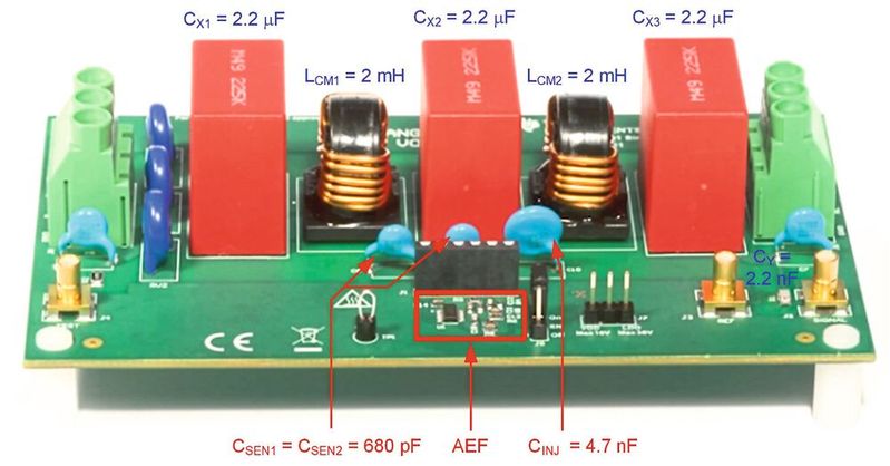 Bild 1:
Einphasiges Filter-Evaluation-Board mit einem für 10 A ausgelegten aktivem Filter-IC. Bild 1:
Einphasiges Filter-Evaluation-Board mit einem für 10 A ausgelegten aktivem Filter-IC.