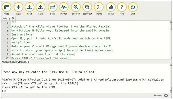 Bild 6: Adafruit empfiehlt die Verwendung der Open-Source-Programmierschnittstelle Mu. Der Mu-Bildschirm ist in ein Code-Fenster für die Bearbeitung und das REPL-Fenster für Steuerung und Überwachung aufgeteilt, in dem der Programmierer den CircuitPython-Interpreter der Entwicklungskarte steuert.  (codewith.mu/en/tutorials/1.0/adafruit)
